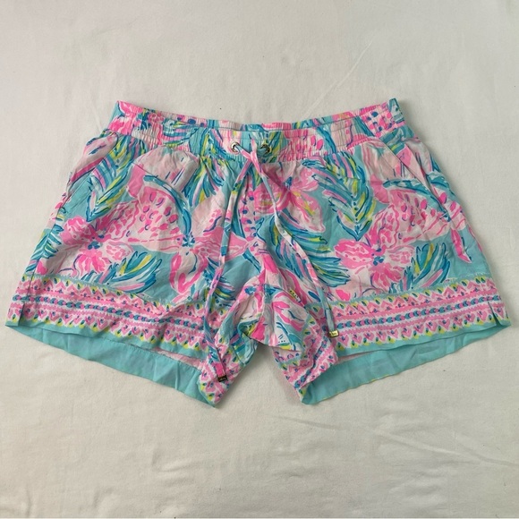 Lilly Pulitzer Women's Pink Blue Mid Rise Elastic Waist Katia Shorts Size Small